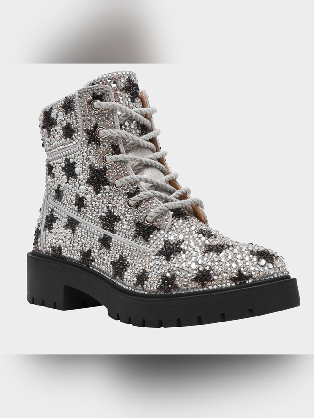 Betsey Johnson Silver and Black Rhinestone Star Lace-Up Combat Boots New in Box - Picture 2 of 7